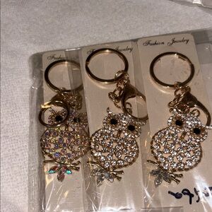 Fashion Jewelry Gold and Silver Crystal Owl Keychain Set